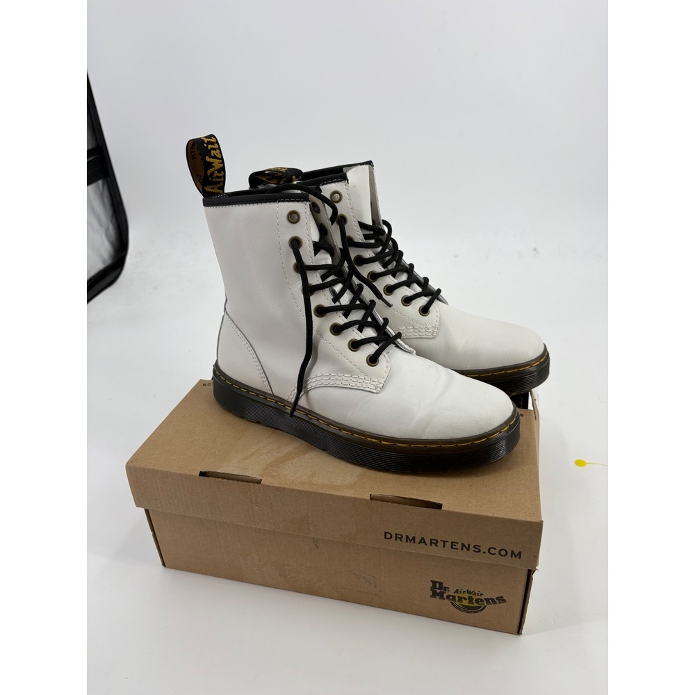 Dr. Martens Zavala White Leather Combat Boots Womens 8 Lace Up 8-Eye Boots